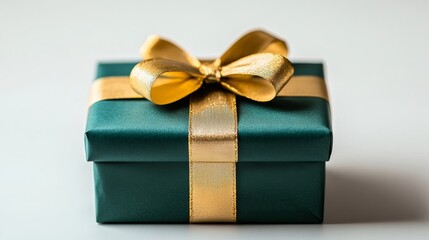 Isolated image of a single Christmas gift wrapped in green paper with a gold ribbon, minimalist white background 