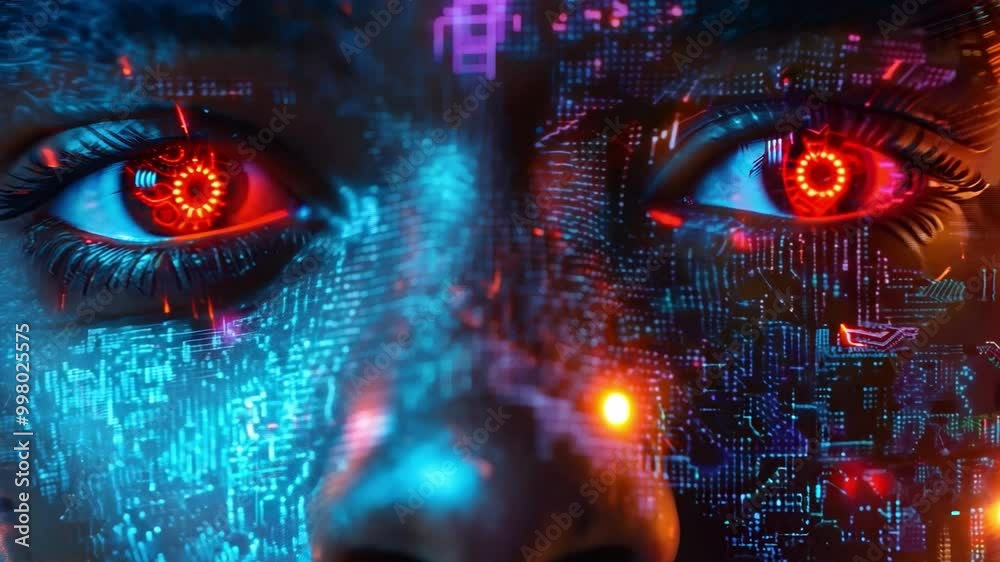 Poster the portrait features a young man whose face displays intricate digital patterns and glowing orange 