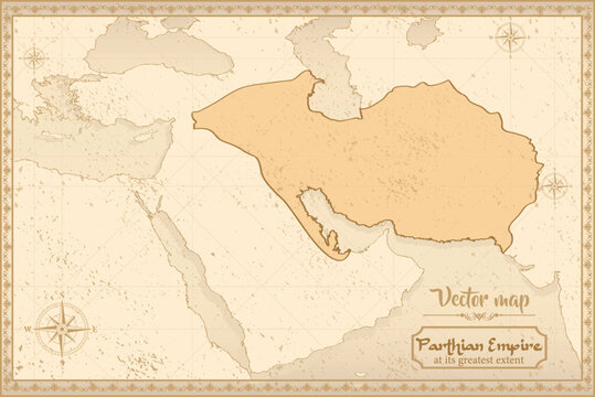 Parthian Empire map in the old style, brown graphics in retro fantasy style.