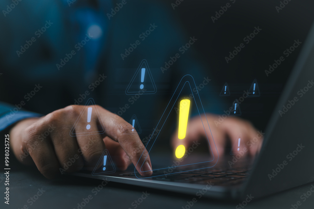 Aufkleber System hacked warning alert on Laptop computer. Cyberattack on computer network, Virus, Spyware, Malware or Malicious software. Cybersecurity and cybercrime. Compromised information internet.