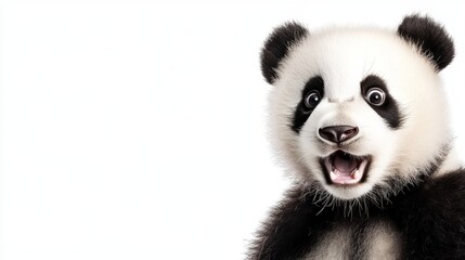 Cute surprised panda with wide open eyes isolated on white background with space for text