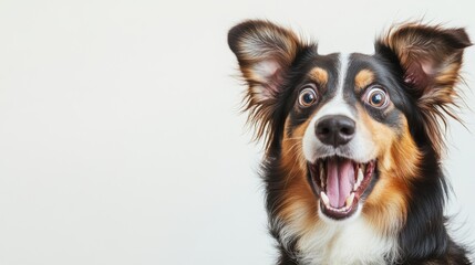 Happy surprised dog with wide eyes and open mouth isolated on light background with space for text