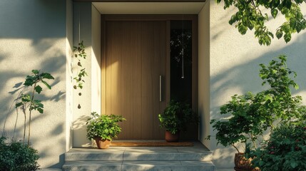 A modern front door design, with potted plants and wind chimes decorating the porch, the door ajar, creating an inviting atmosphere filled with nature