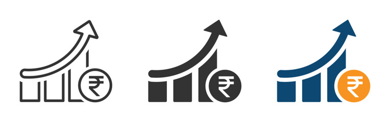 Cost increase vector icons. Rupee increase vector illustration set. Indian Rupee cost increase