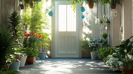 A modern front porch, where the open door is surrounded by a lively arrangement of potted plants, hanging flowers, and intricately designed wind chimes