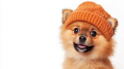 Obraz premium Adorable Pomeranian puppy wearing a cute orange knit hat with a happy expression