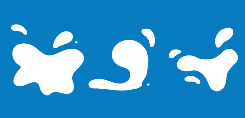 Milk splash flat simple background silhouette, white on blue. Drops and splatter of spilled liquid