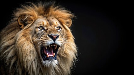Fisheye view of a furious lion roaring on black background © Prasert