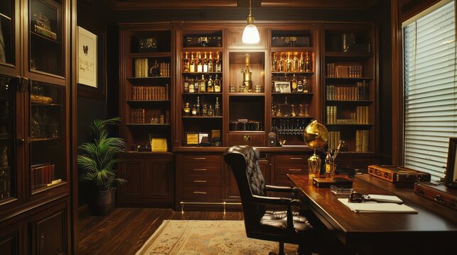 Home office with a Prohibition-era theme, featuring a hidden speakeasy bar, vintage liquor cabinets, and 1920s decor Mysterious and stylish