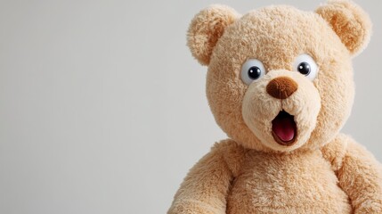 Obraz premium Surprised teddy bear looking with wide eyes and room for text on left background