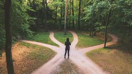 A person stands at a crossroads in a lush forest, contemplating different paths among the trees.
