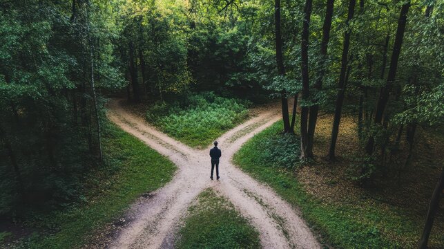 A lone figure stands at a crossroads in a lush forest, contemplating the path ahead amid serene greenery.