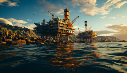 Obraz premium A large oil rig is in the water near a rocky shore. The sky is cloudy and the water is calm