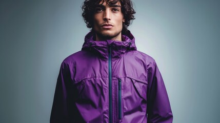 Obraz premium Purple rain jacket with reflective accents isolated on a light grey background vibrant and protective 