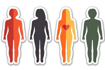 Stylized human silhouettes with vibrant colors including a heart in one representing diversity health and individuality in a colorful sticker design