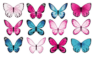A set of pink and blue butterflies on a white background. Vector illustration.
