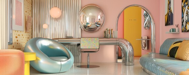 Home office with a retro-futurism theme, featuring curved metallic furniture, pastel colors, and pop art decor Stylish and whimsical