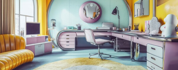 Home office with a retro-futurism theme, featuring curved metallic furniture, pastel colors, and pop art decor Stylish and whimsical