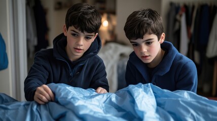 Two boys exploring a blue blanket in a cozy room, showcasing curiosity and bonding.