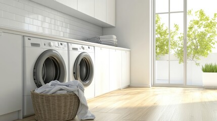This laundry room features built-in washing and drying machines, stylish cabinets, and a basket filled with clean clothes waiting to be folded. Generative AI