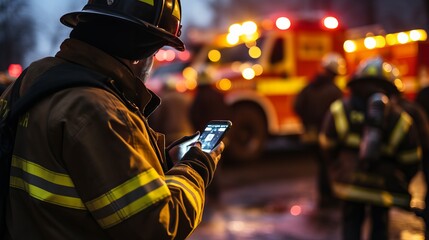 Firefighter using a phone near fire trucks during an emergency response at dusk