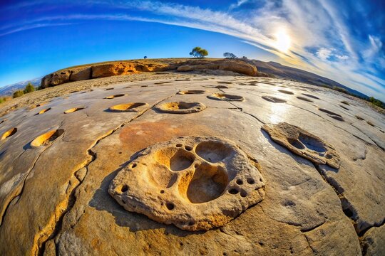Fisheye view of fossilized dinosaur footprints in mudstone