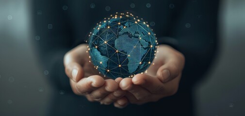 A person holding a digital globe, representing technology, connectivity, and global communication. The globe is covered in network lines and dots, symbolizing data transfer.