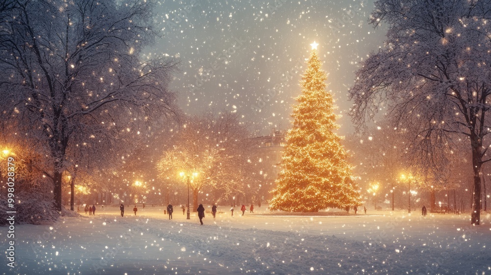 Sticker Snow-covered park with a large lit-up Christmas tree, people walking in the background, gentle snowfall, festive evening glow 