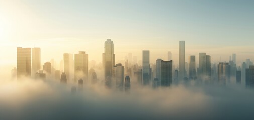 A stunning skyline emerging from morning fog, showcasing modern skyscrapers highlighted by the warm glow of the sunrise, creating an ethereal atmosphere in a bustling city.