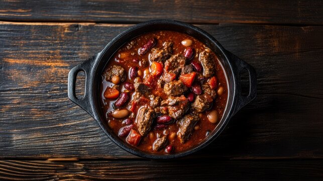 Smoky chipotle chili with chunks of beef and kidney beans, served in a cast-iron pot, placed on a dark wooden surface bold and flavorful 