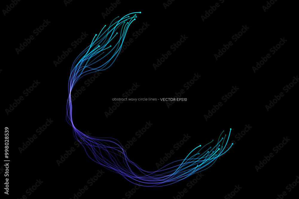 Poster Abstract vector wavy dynamic blue light lines circle swirl round frame isolated on black background in concept technology, neural network, neurology, science, music.