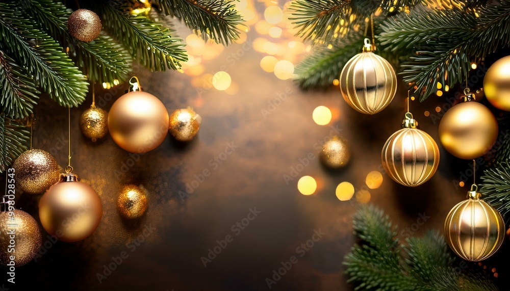 Wall mural christmas background with baloons,christmas tree branches lights and space for text