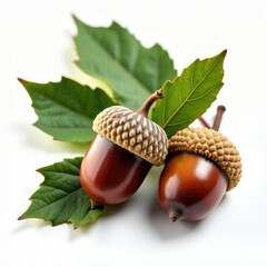 Dried acorns with leaves isolated on white background natural organic healthy nut food