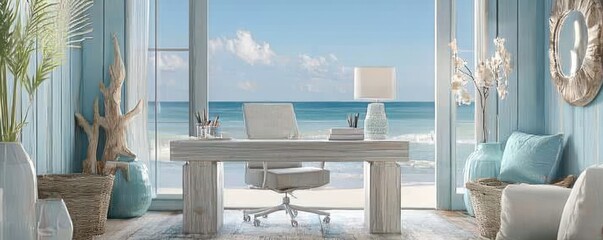Home office with a serene coastal theme, featuring light blues and sandy tones, driftwood decor, and a view of the ocean Calming and refreshing