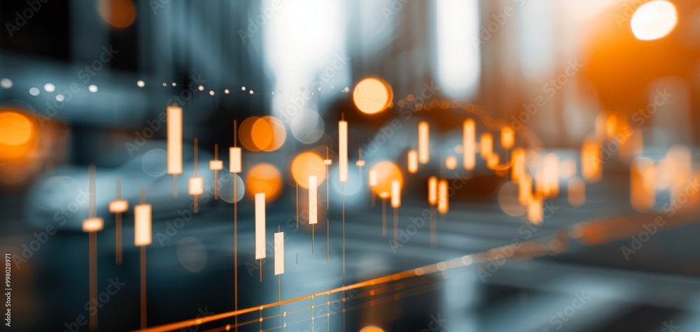 Poster abstract digital financial graph with glowing orange candlestick patterns against a blurred city bac