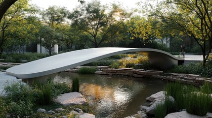 Naklejka premium A modern pedestrian bridge with soft curves, spanning a small stream, supported by minimalist pillars that give it a clean and simple appearance