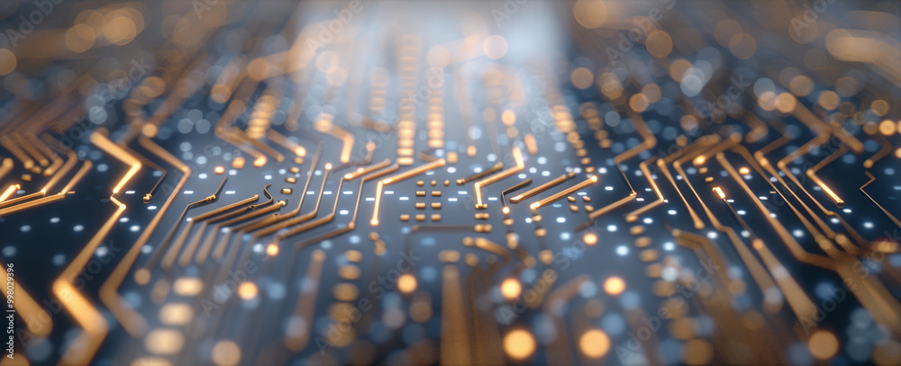 Poster A close-up view of a complex circuit board design, showcasing intricate patterns and glowing lights, representing advanced technology and innovation, on a blurred background.