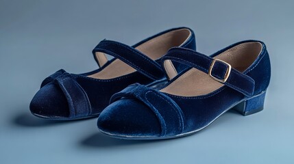 Velvet navy blue ballet flats with ankle straps against a gradient grey background luxurious footwear design 