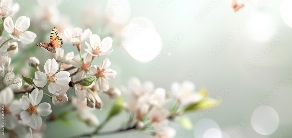 Poster Delicate white flowers with soft green bokeh in the background, conveying a serene and tranquil atmosphere perfect for spring themes and floral arrangements.