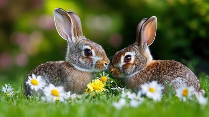 Obraz premium Two playful rabbits surrounded by daisies in a vibrant green meadow.