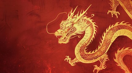 A golden dragon soars through a red sky, its scales gleaming in the light. The dragon is a symbol of power, strength, and good luck.
