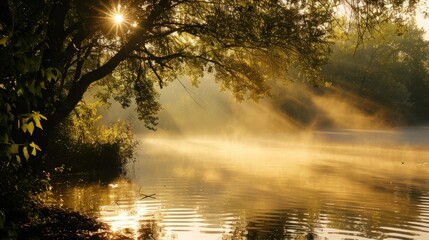 Obraz premium Golden Dawn Over a Misty River