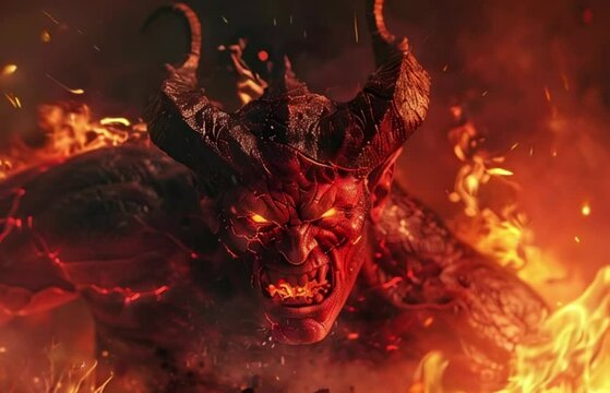 Scary sinister devil is in hell with dramatic fire lighting