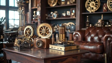 Fototapeta premium Home office with a steampunk inventora??s theme, featuring brass gadgets, cogwheel decorations, and vintage leather furniture Eclectic and imaginative