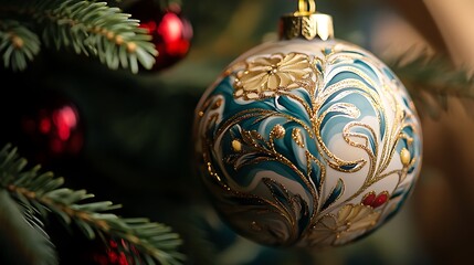 A detailed close-up of a Christmas tree ornament with elaborate patterns