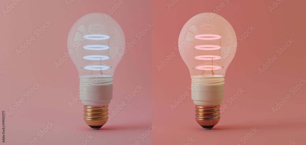 Poster a creative display of two light bulbs emitting different colors, showcasing illumination and design 