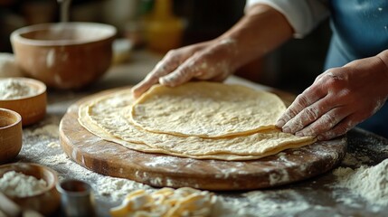 A chef's hands kneading dough on a wooden board, with other ingredients and tools scattered around.