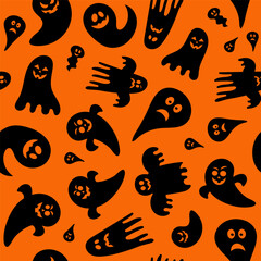 Seamless vector pattern for Halloween design. Halloween symbols ghost in cartoon style. Vector Illustration
