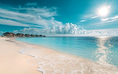 Obraz premium Peaceful Maldives Beach with Overwater Bungalows and Turquoise Lagoon
