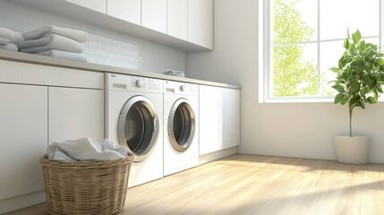 This stylish laundry room showcases built-in washing and drying machines, sleek white cabinets, and a basket filled with laundry. Generative AI